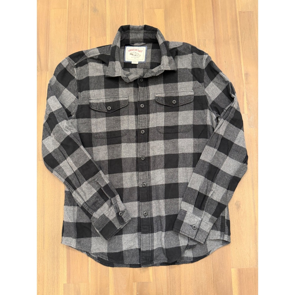 American Eagle Mens Flannel Shirt Medium Grey Black Buffalo‎ Plaid Button Down